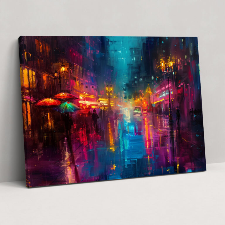 Leonid Afremov Inspired Rainy Night Cityscape Canvas Print - Leonid Afremov, Canvas, Wall Decoration, Canvas Wall Art