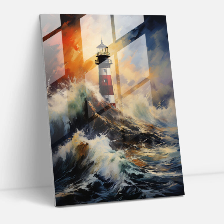 Abstract Lighthouse Glass Print - Lighthouse, Crashing Waves, Lighthouse Glass Print, Glass Art