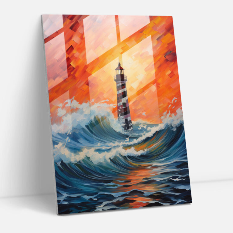 Abstract Glass Print - Lighthouse Waves - Lighthouse, Vibrant Colors, Abstract Painting, Glass Wall Art