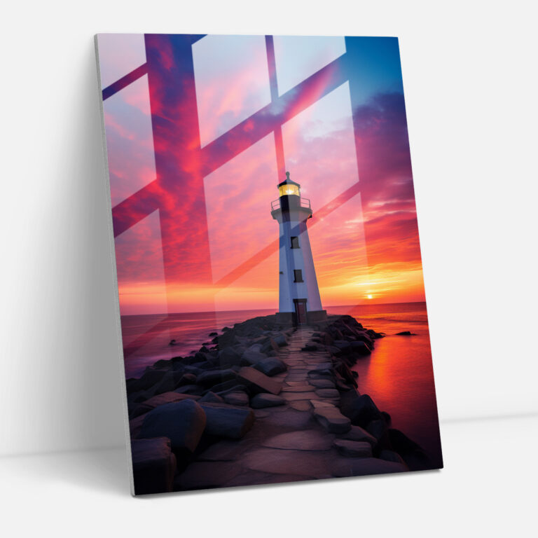 Silhouette Glass Print - Sunset Lighthouse - Lighthouse, Modern Art, Wall Decoration, Colorful Sky