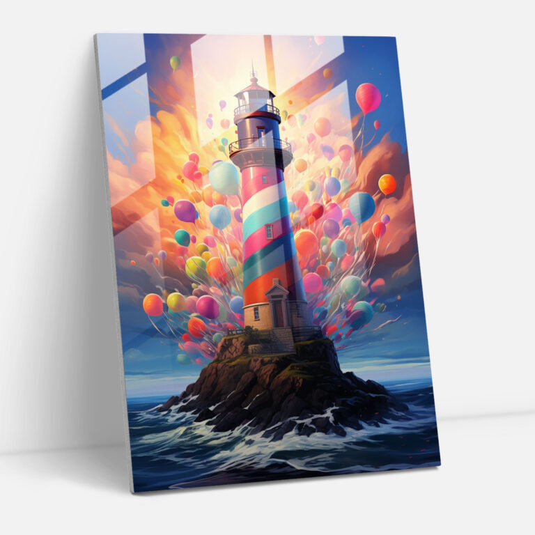 Balloon Lighthouse Glass Print - Lighthouse, Home Decoration, Surreal Painting, Lighthouse