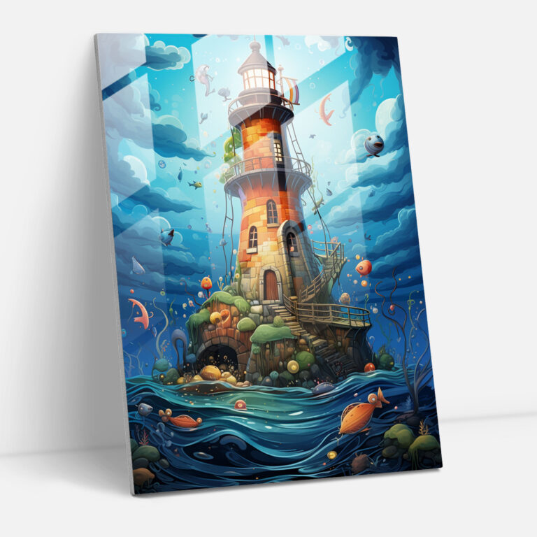 Cartoon Lighthouse Glass Print - Lighthouse, Cartoon Artwork, Playful Sea Creatures, Lighthouse