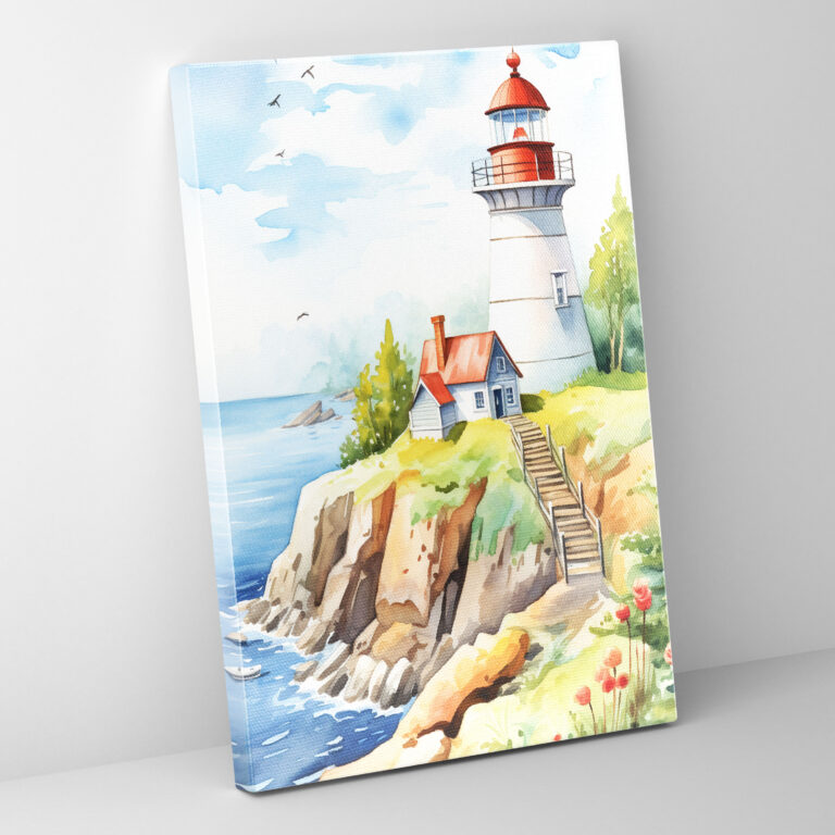 Coastal Lighthouse Canvas Print - Lighthouse, Coastal Theme, Home Decoration, Watercolor Wall Art