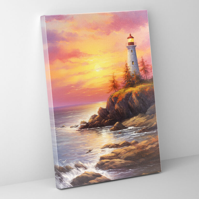 Romantic Sunset Lighthouse Wall Art - Lighthouse, High Quality Canvas, Tranquil Seascape, Romantic Art