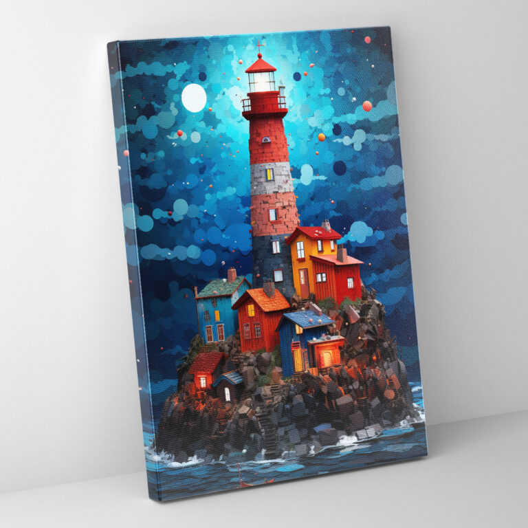 Whimsical City Lighthouse Canvas Print - Lighthouse, Playful Wall Art, Collage Artwork, Cityscape Wall Decoration