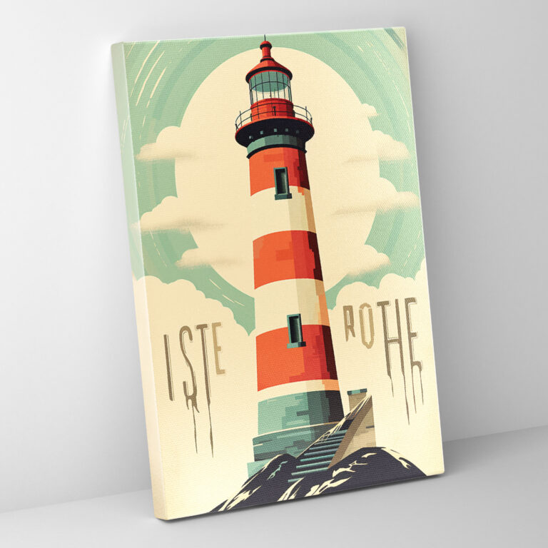 Retro Lighthouse Canvas Print - Lighthouse, Vintage Color Scheme, Canvas, Retro-Inspired Typography Design