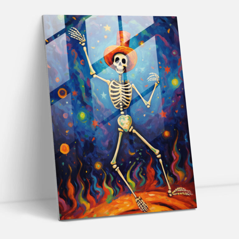 Joyful Dancing Skeleton Glass Print - Los Muertos, Glass Print, Home Decoration, Vibrant Spirit