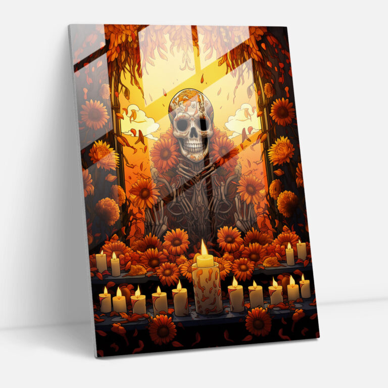 Los Muertos Glass Wall Art - Los Muertos, Candles, Captivating, Marigold Flowers