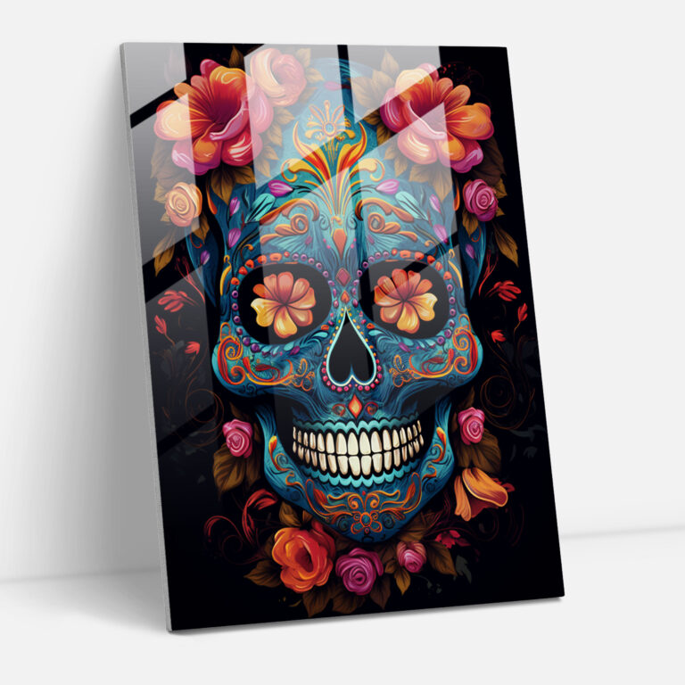 Floral Sugar Skull Glass Print - Los Muertos, Captivating, Contemporary Aesthetics, Modern Art