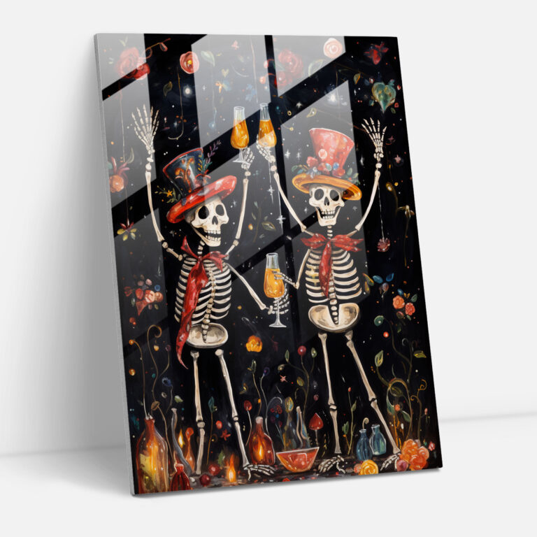 Joyful Skeletons Glass Print - Los Muertos, Modern Art, Wall Decoration, Festive Decorations