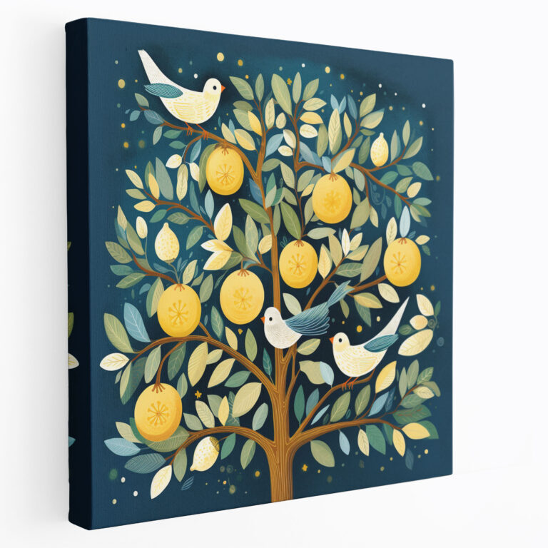Lemon Tree Wall Art - Whimsical Illustration Canvas Print - Lemon Tree, Whimsical Illustration, Playful Birds, Wall Art