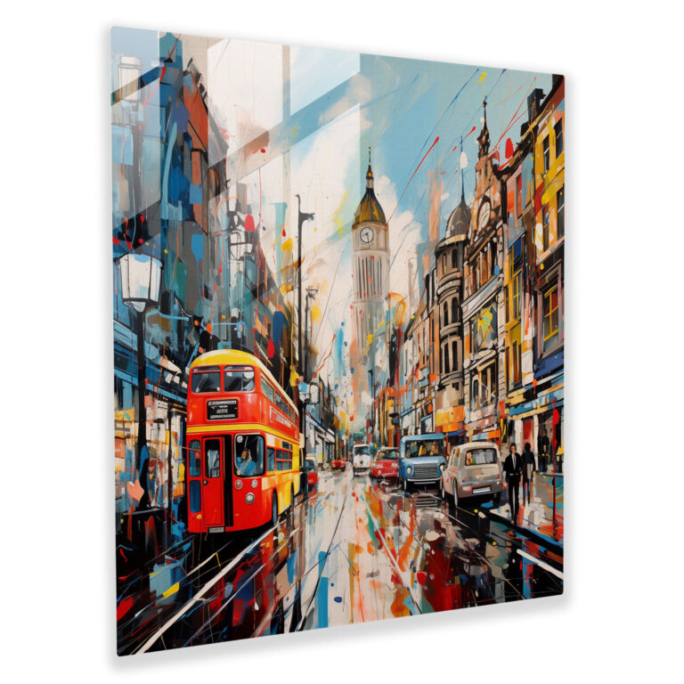 Dynamic Glass Print of Abstract Expressionist London Scene