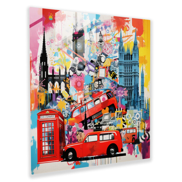 Vibrant Pop Art Glass Wall Art - London Icons Collage