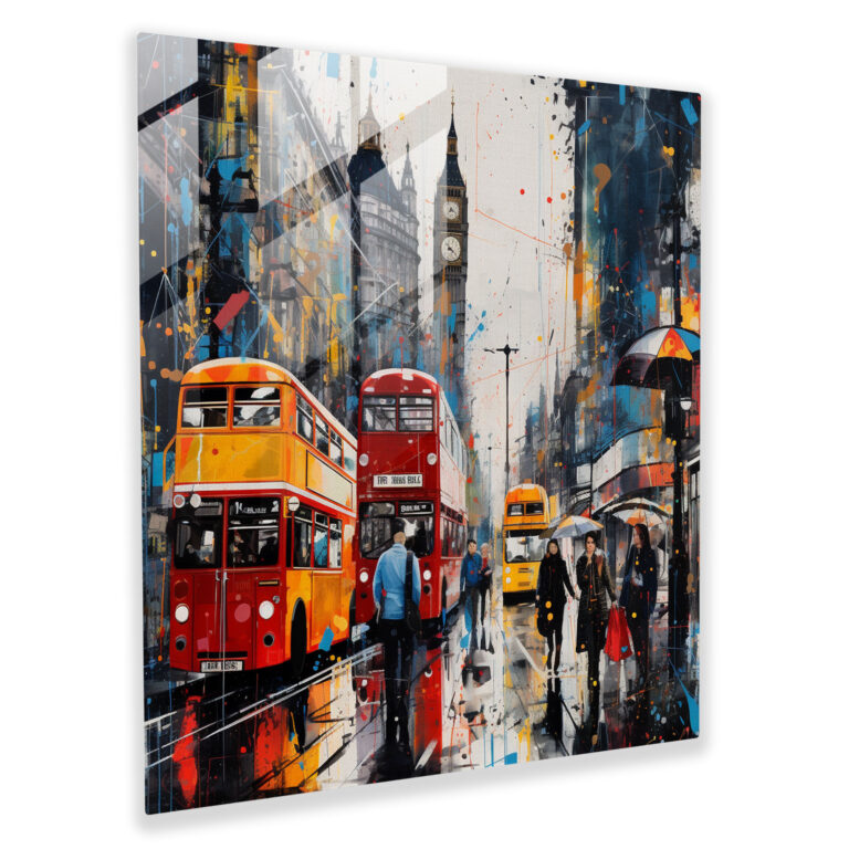 Expressive Urban Vibes Glass Prints - Mixed Media Artwork of Vibrant Street Scene in London - Modern Wall Decor