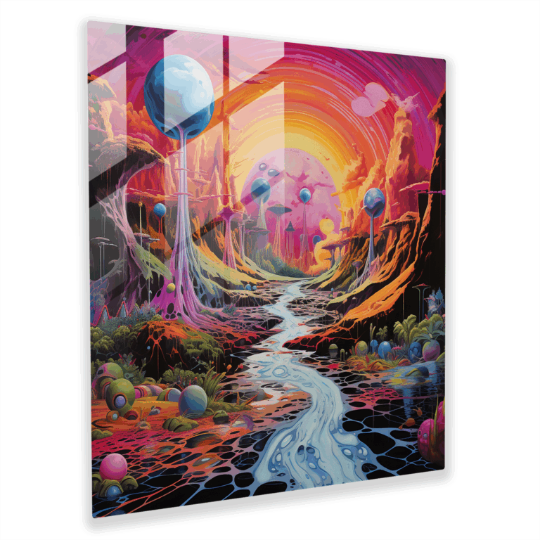 Mesmerizing Surrealist Glass Print of Taz Tearing Through Psychedelic Landscapes