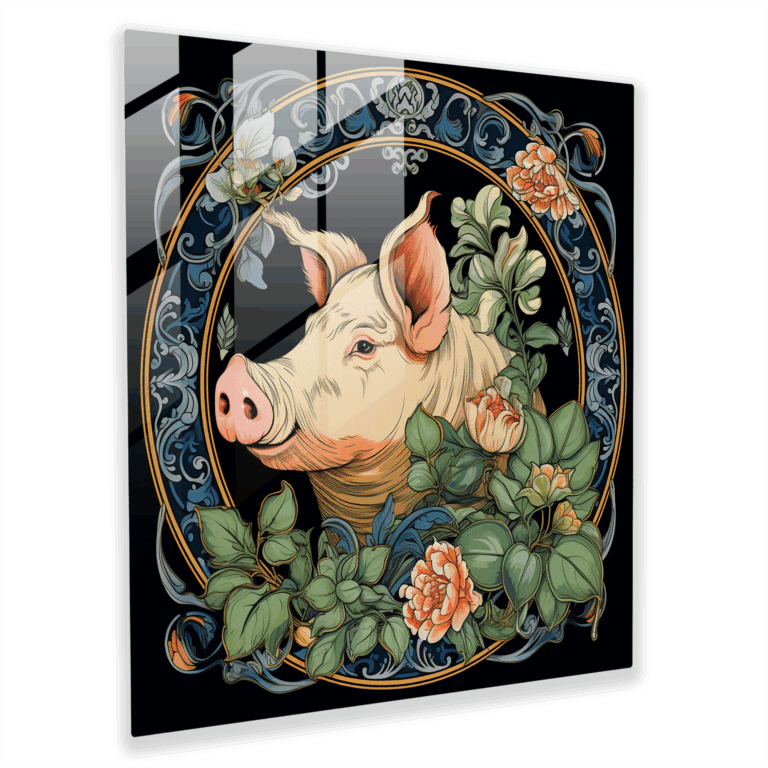 Art Nouveau Inspired Glass Print of Porky Pig Among Elegant Floral Motifs - Home Decoration