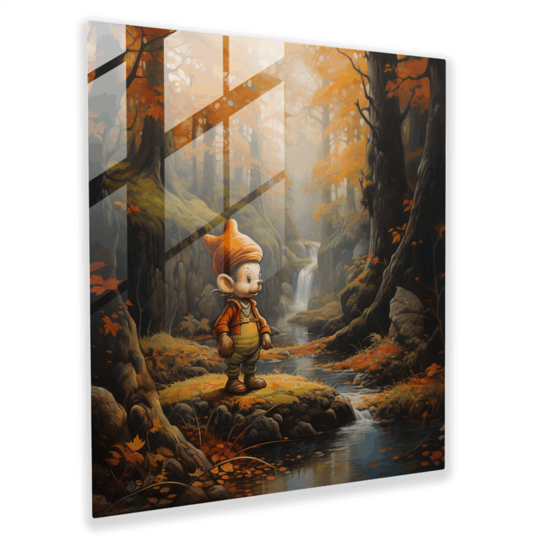 Realist Portrayal Glass Print of Elmer Fudd Surrounded by Lush Autumn Scenery - Wall Decor