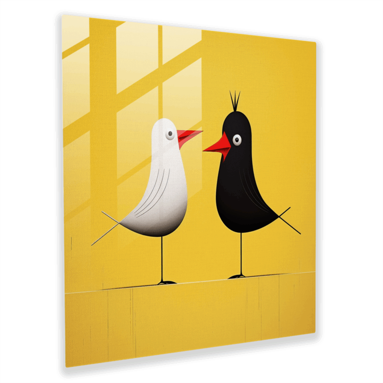 Minimalist Interpretation Glass Print of Sylvester and Tweety Bird in Clean Lines and Bold Colors - Wall Decoration