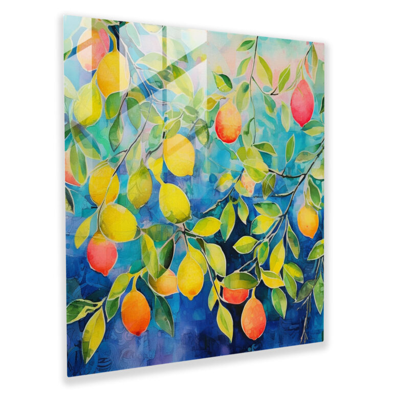 Lemon Tree Abstract Glass Print - Lemon Tree, Modern Art, Colorful Fruits, Lemon Tree