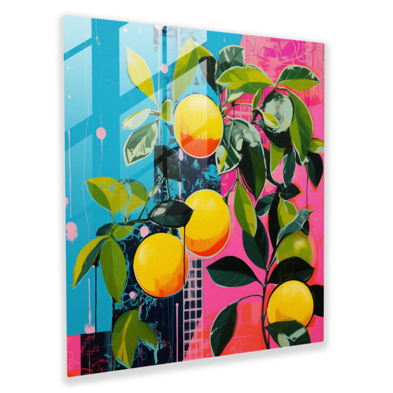 Playful Lemon Tree Glass Print - Lemon Tree, Glass Art, Wall Decoration, Bold Colors
