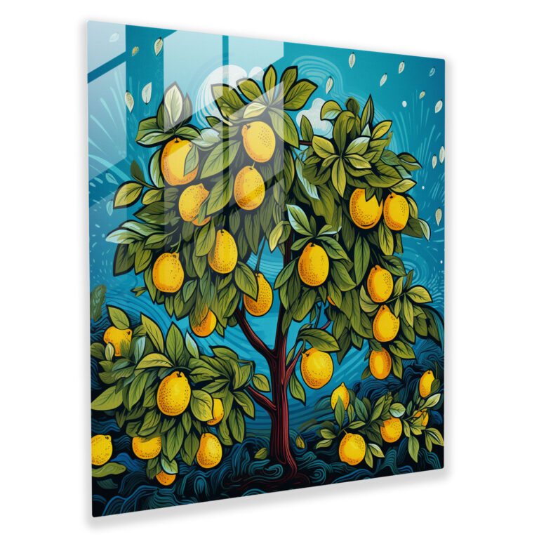 Playful Lemon Tree Glass Print - Lemon Tree, Glass Art, Illustration, Home Decoration