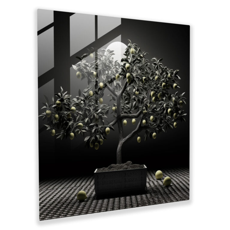 Monochrome Lemon Tree Glass Print - Lemon Tree, Wall Decoration, Modern Art, Digital Art