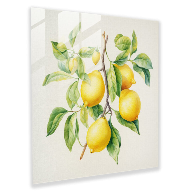 Delicate Lemon Tree Glass Print - Lemon Tree, Watercolor Illustration, Home Decoration, Glass Wall Art