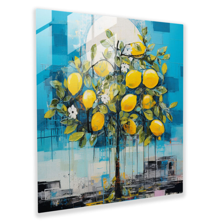 Contemporary Lemon Tree Mixed Media Art - Lemon Tree, Glass Print, Vibrant Colors, Home Decoration