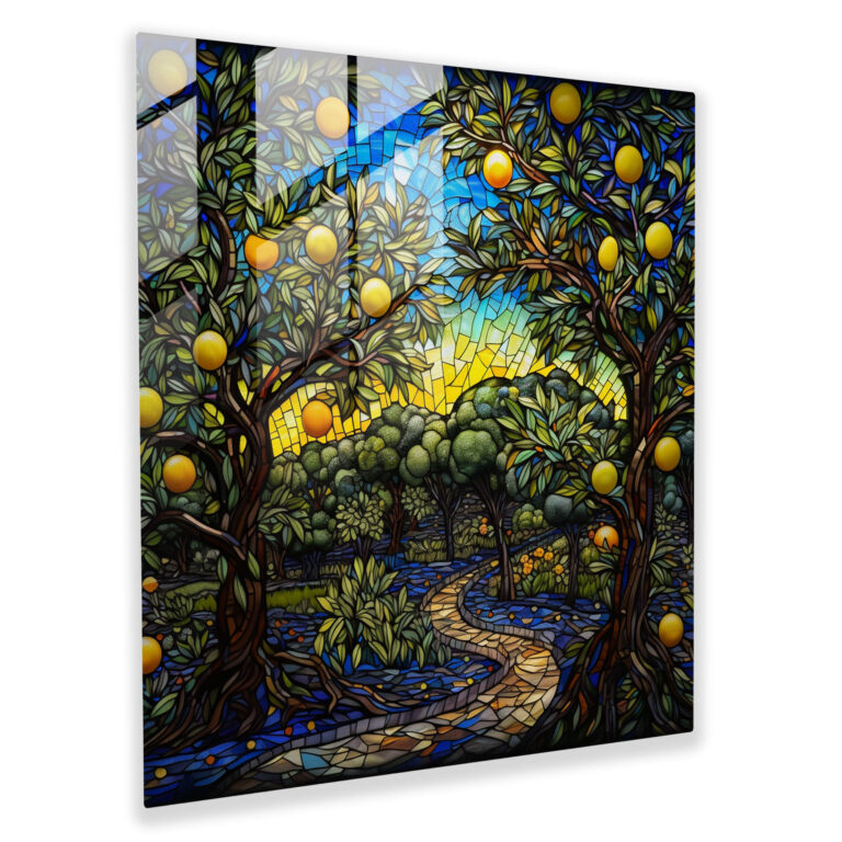 Lemon Tree Glass Print - Stained Glass Mosaic - Lemon Tree, Mosaic, Wall Decoration, Glass Print