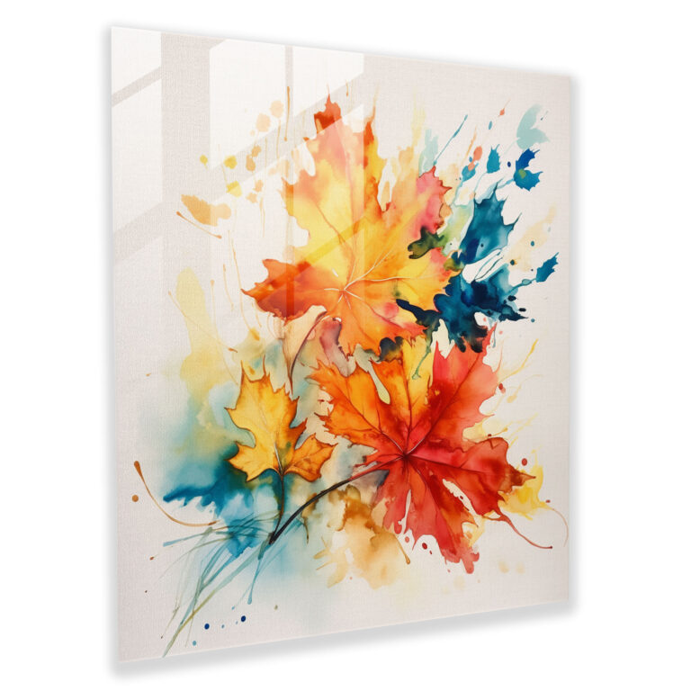 Vibrant Autumn Leaves Glass Print - Leaves, Watercolor Painting, Home Decoration, Glass Print