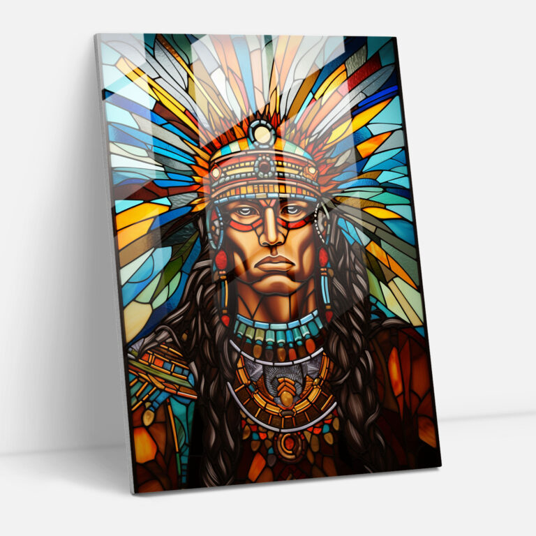 Mayan Stained Glass Wall Art - Mayan, Glass Print, Artistic Brilliance, Feather Headdress