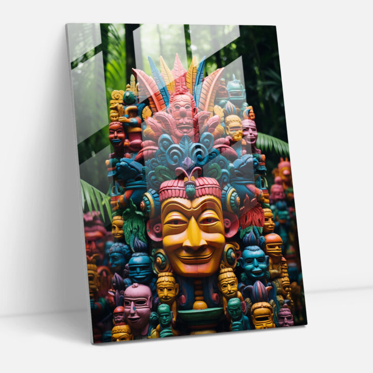 Mayan Glass Wall Art: Colorful Deity Sculptures - Mayan, Glass Print, Wall Decoration, Mayan Deity Sculptures