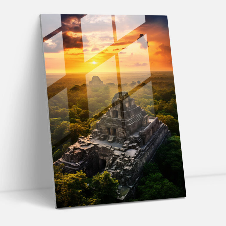 Mayan Glass Wall Art: Aerial View Of Ruins - Mayan, Home Decoration, Glass Wall Art, Sunset
