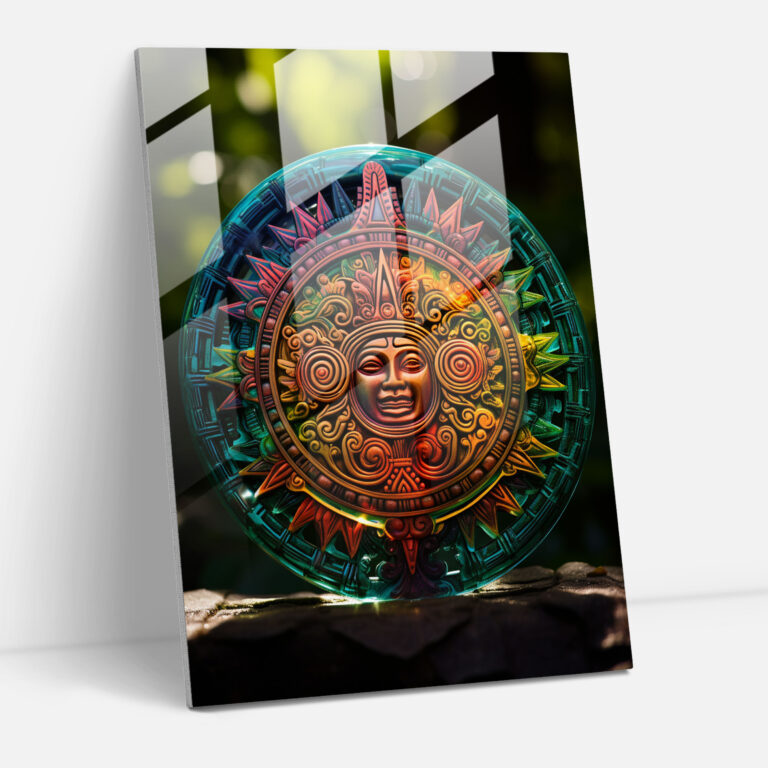 Mayan Glass Print: Dazzling Sun Of The Tropics - Mayan, Mayan, Home Decoration, Mayan Sun