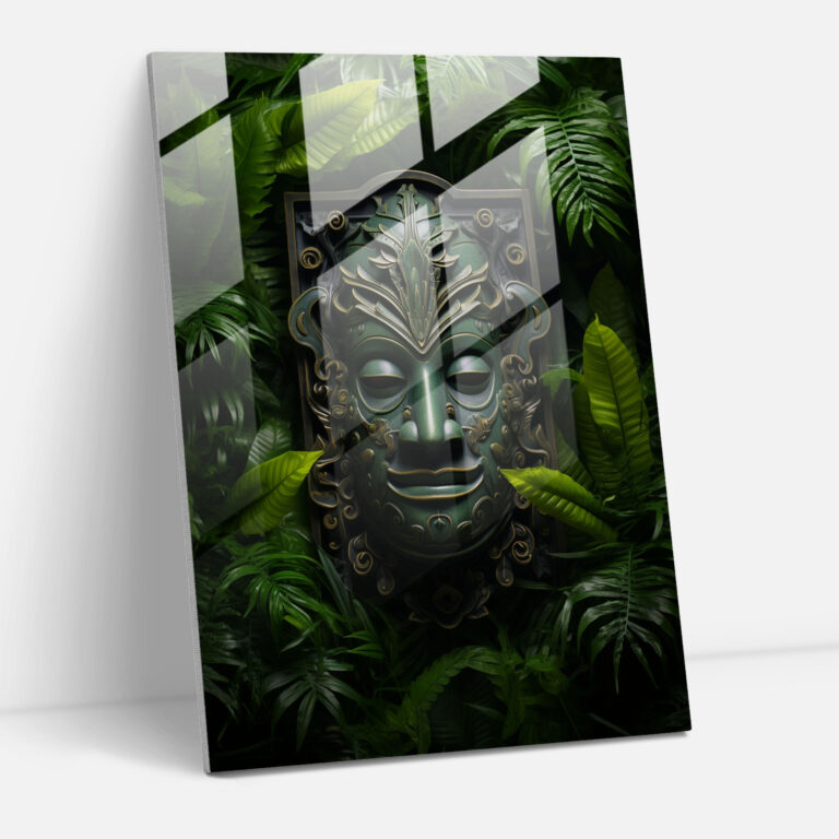 Mayan Glass Wall Art: Intricate Jade Mask - Mayan, Home Decoration, Glass Art, Wall Decoration