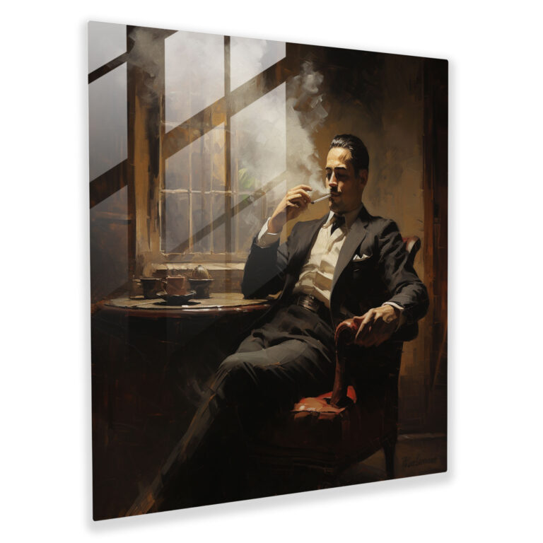 Ineffable Impressionist Glass Print of Mafia Boss Smoking a Cigar in Dimly Lit Room