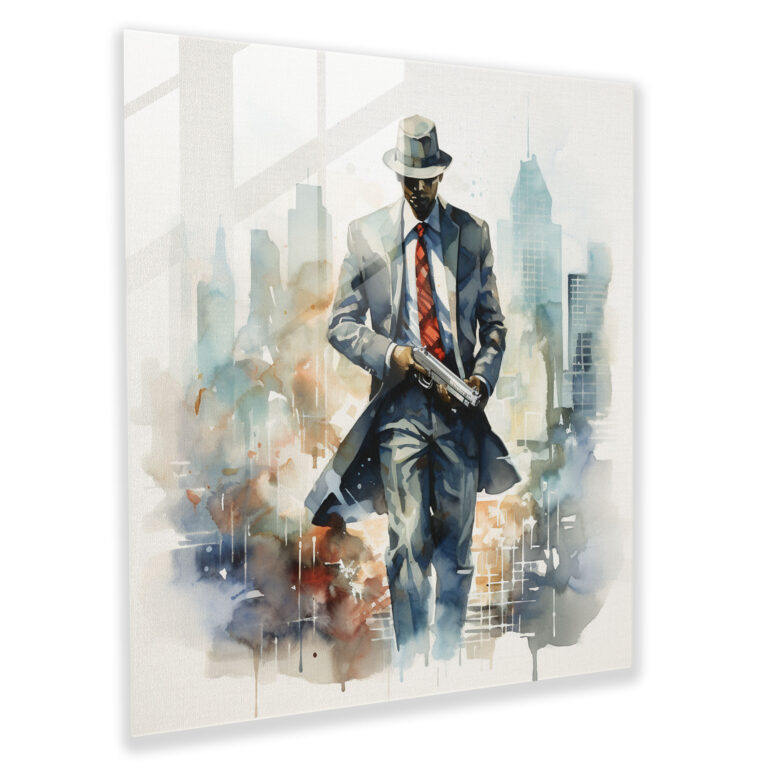 Vibrant Abstract Glass Print of Mobster Holding Briefcase near City Skyline