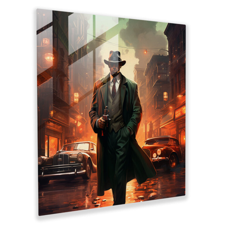 Enigmatic Surreal Glass Print of Fedora-Wearing Enforcer with Tommy Gun on Twisted City Street