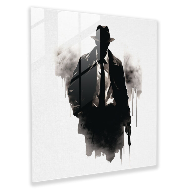 Sophisticated Minimalist Glass Print of Silhouette of Mafia Boss in Tailored Suit