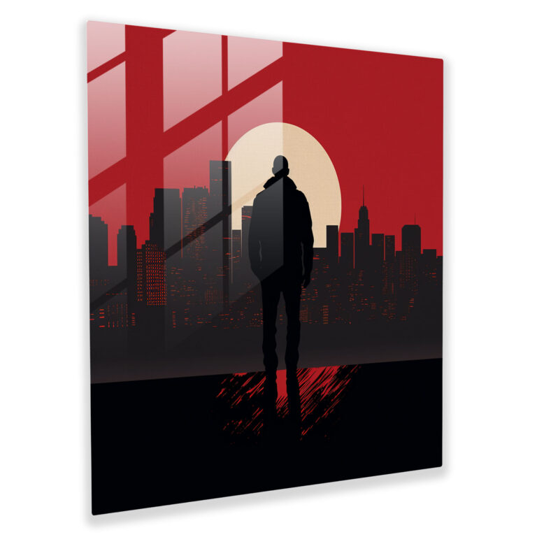 Sleek Silhouettes Glass Print - Urban Gangster Against City Skyline - Home Decoration with Glass Wall Art