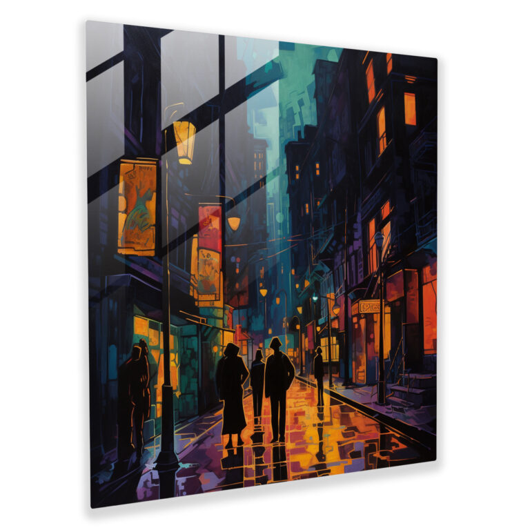 Nocturnal Revelry Glass Print - Enigmatic Cityscape with Shadowy Figures - Home Decoration with Glass Artwork