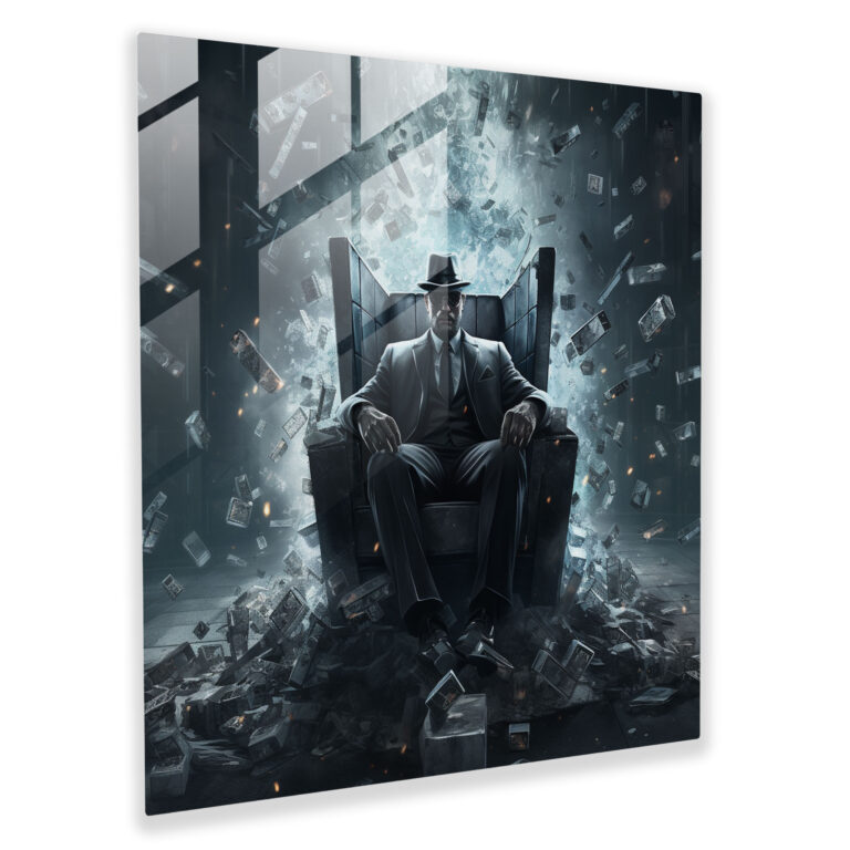 Transcendent Reflections - Glass Print of Mafia Boss on Shattered Glass Throne - Surreal Wall Decoration - Home Decoration, Glass Art, Wall Decor, Glass Prints