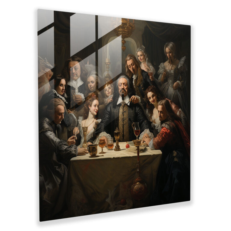 Regal Dynasties - Glass Print of Mafia Family Around Grand Table - Baroque-Style Painting - Wall Decoration, Glass Prints, Home Decoration