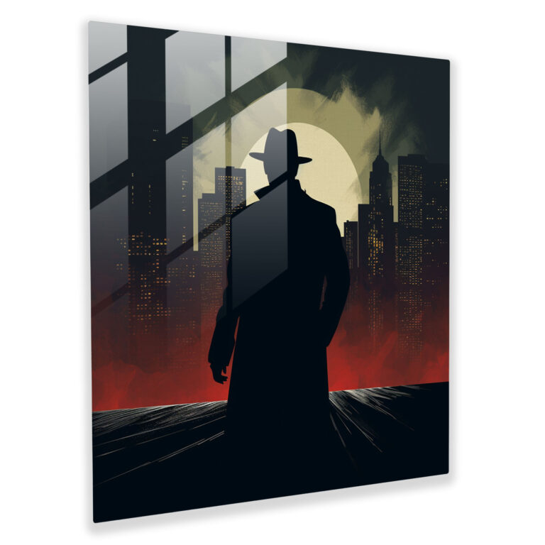 Urban Allure - Glass Print of Mobster Silhouette Against City Skyscrapers - Minimalist Graphic Illustration - Home Decoration, Wall Decor, Glass Prints