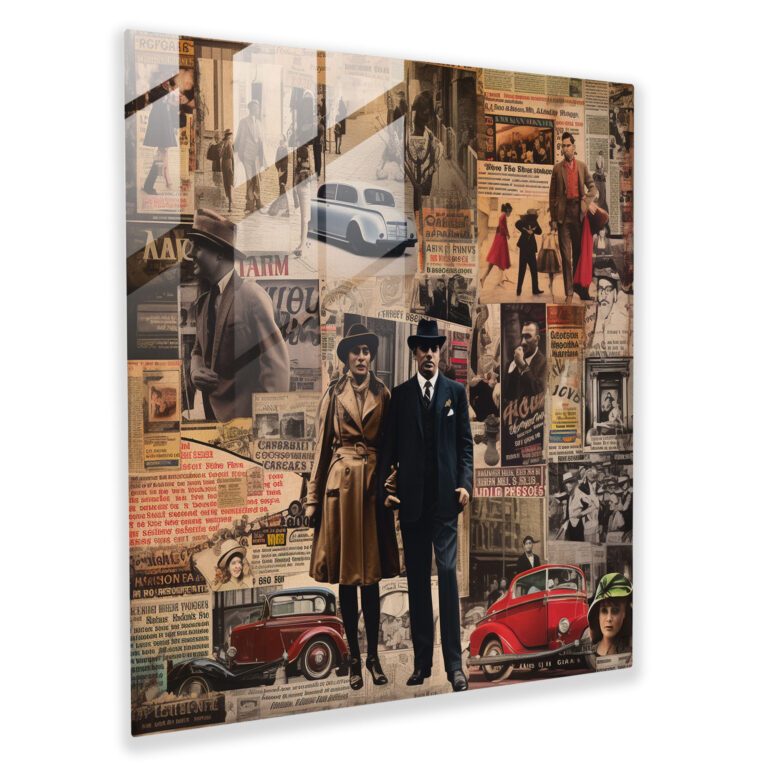 Chronicles Unveiled - Glass Print of Mixed Media Mob Collage - Newspaper Clippings and Vintage Photographs - Wall Decoration, Glass Art, Home Decoration
