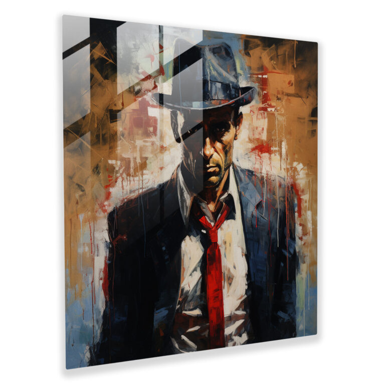 Intense Neo-Expressionist Glass Print Wall Art - Portrait of a Mobster capturing Raw Intensity and Inner Turmoil - High Quality Glass Printing - Home Decoration, Wall Decor, Glass Art, Modern Art Work