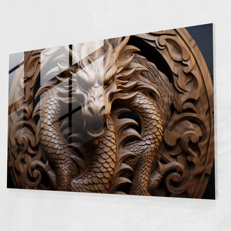 Medieval Glass Print - Celtic Dragon Woodcarving - Medieval, Glass Print, Mythical Dragon, Intricate Patterns