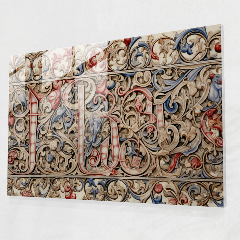 Medieval Calligraphy Glass Print - Medieval, Elegance, Ornate Flourishes, Home Decoration