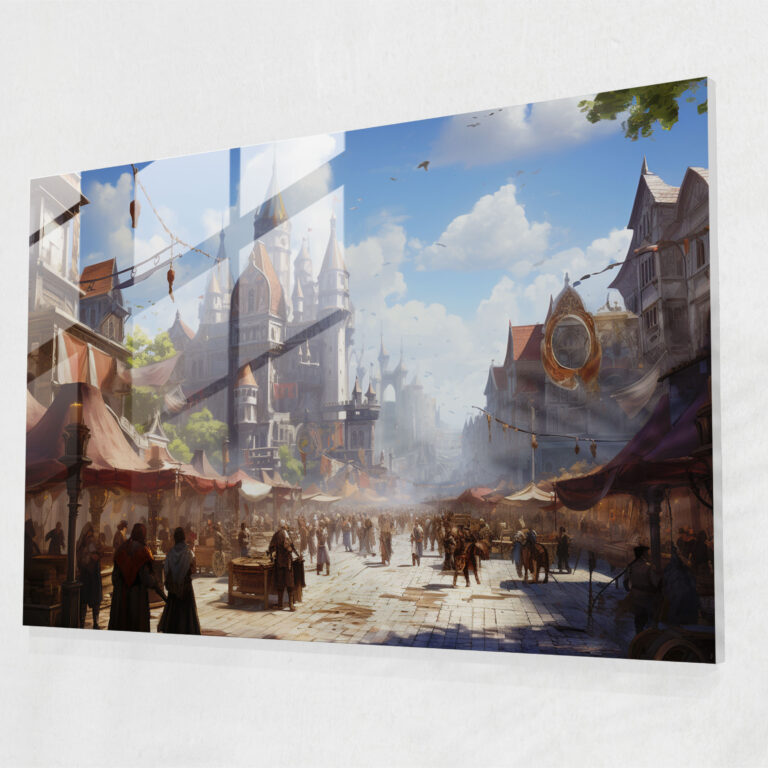 Medieval Glass Wall Art: Bustling Market Square - Medieval, Vibrant Colors, Lively Atmosphere, Home Decoration