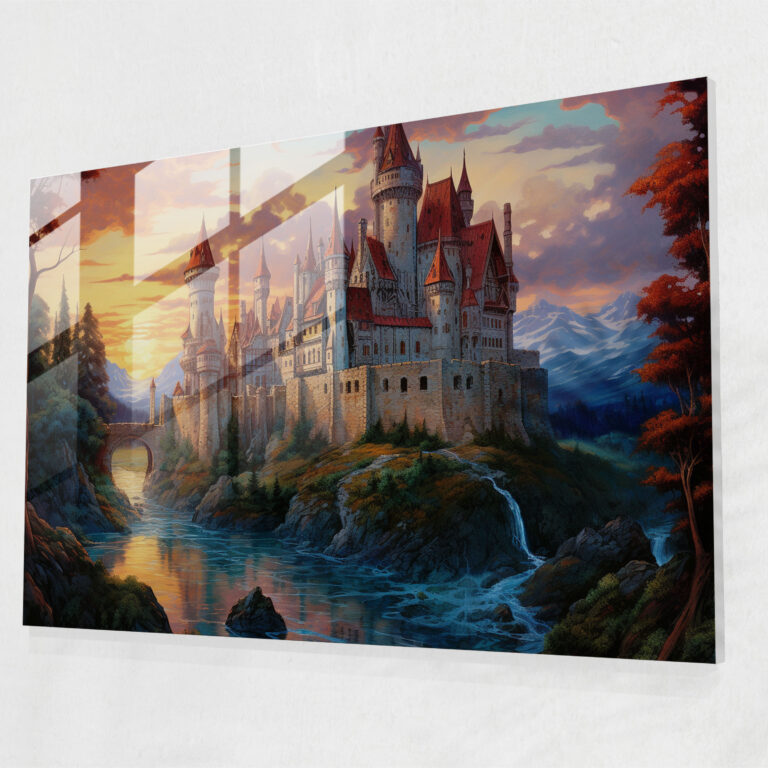 Majestic Castle Glass Print - Medieval, Modern Art, Renaissance-Inspired Painting, Sunset